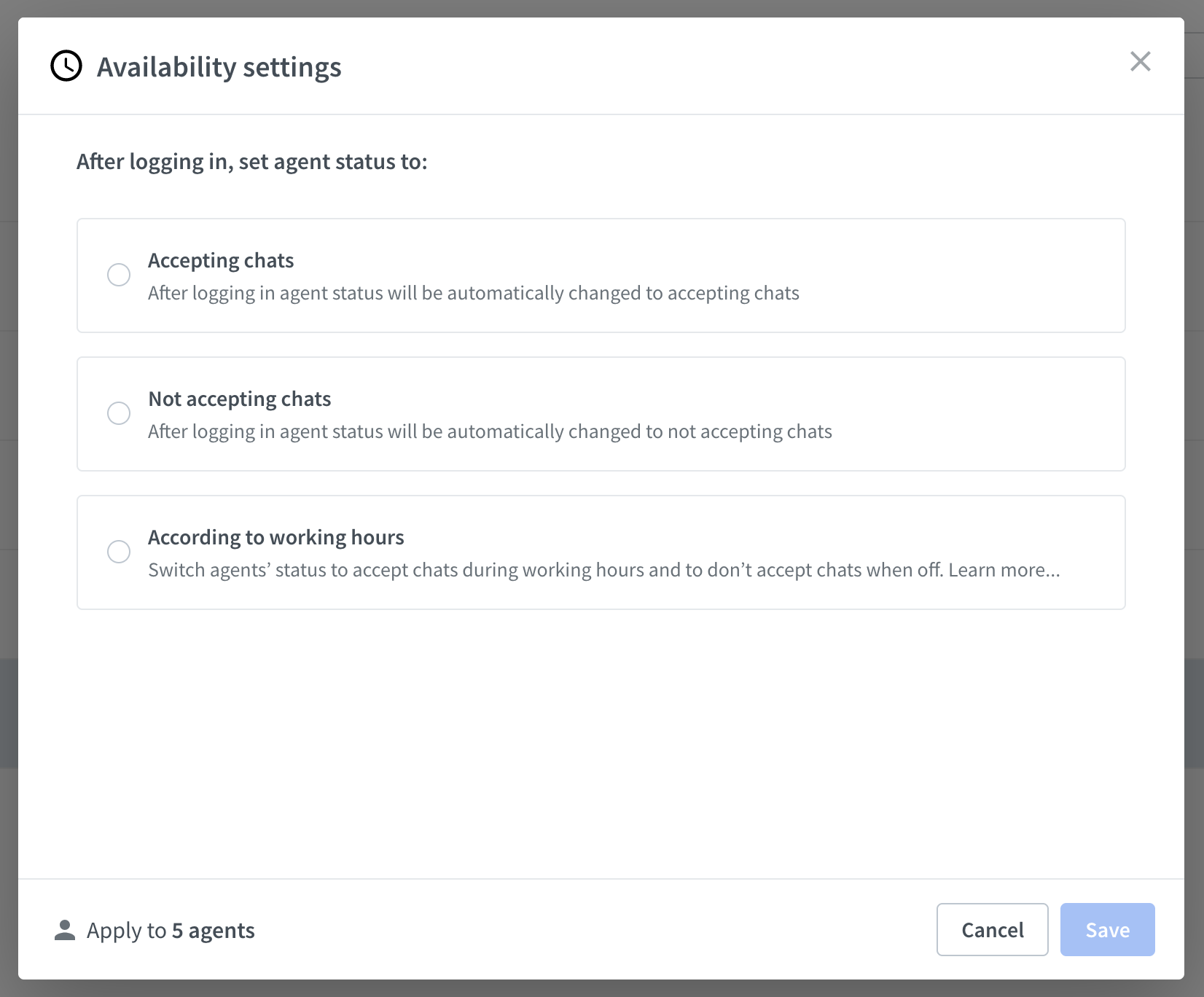 Modal for choosing agent&rsquo;s status after logging in.